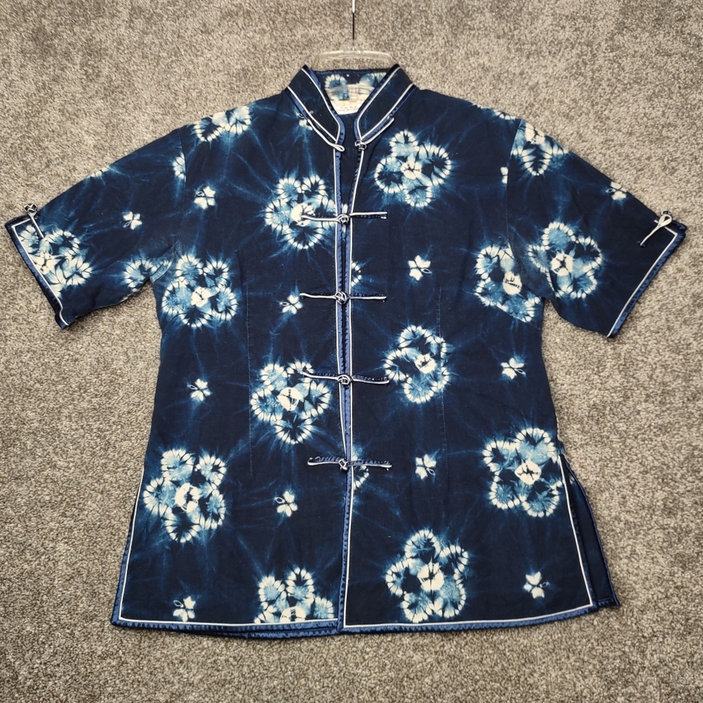Tie-Dye Kimono Top Blue Button Up Blouse Womens